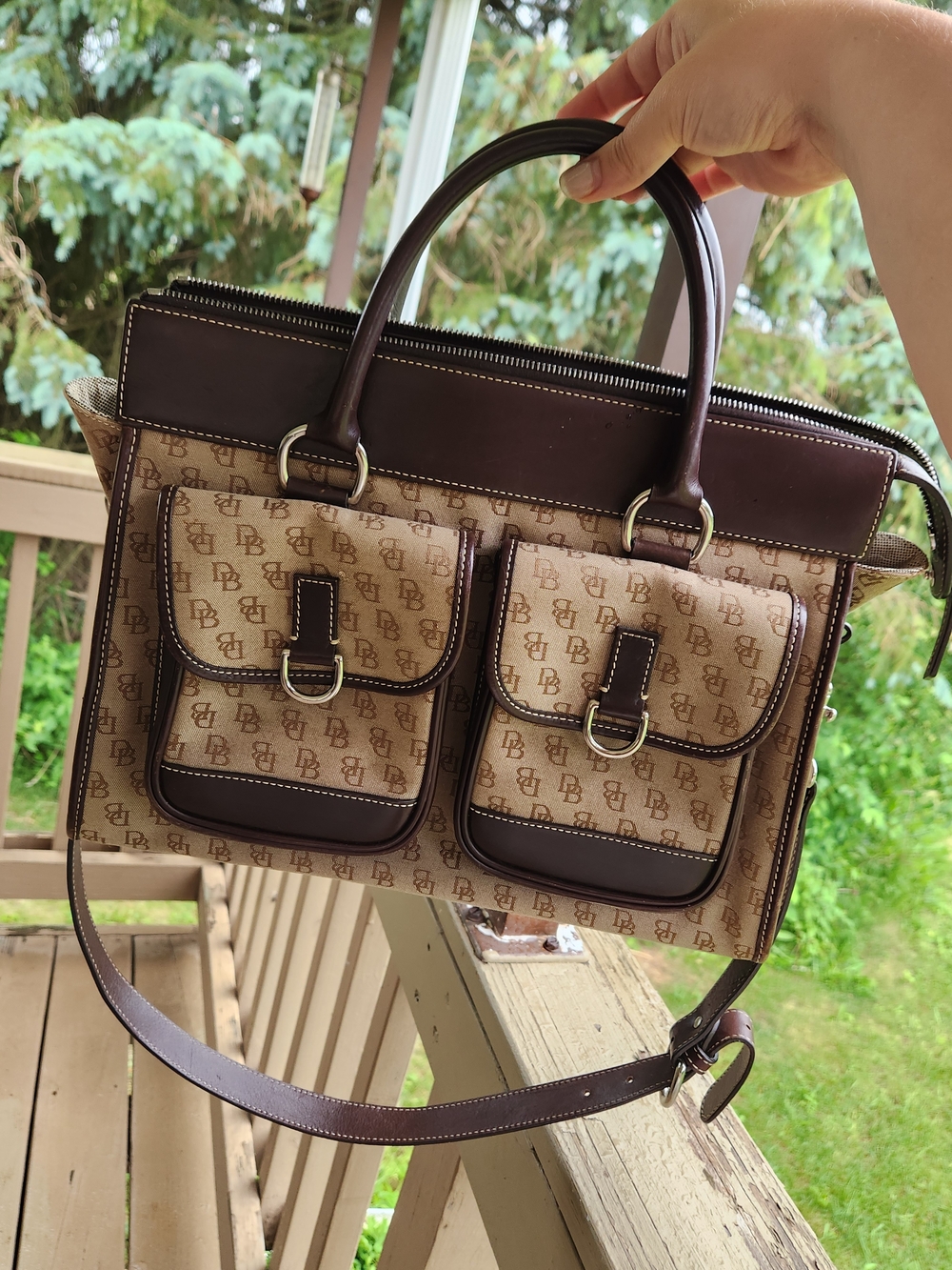 Dooney & Bourke Brown and Tan Monogram Pocket Satchel